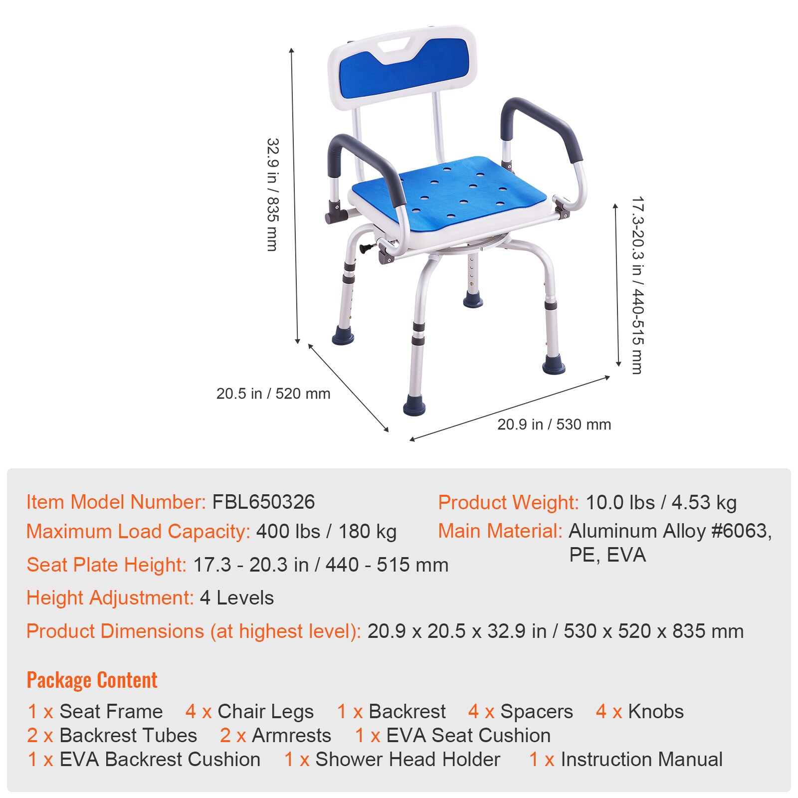 Swivel Shower Chair With Rotating Seat And Pivoting Armrests_voghion.com